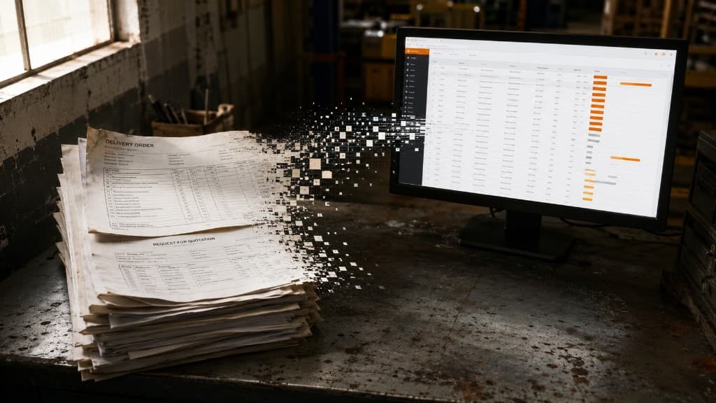 Delivery orders and request-for-quotation papers on a workbench digitizing into a live ERP dashboard on screen