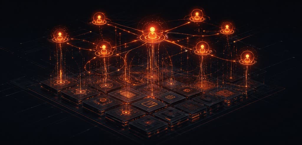 Abstract visualization of AI agents operating across a SAP Business One data warehouse